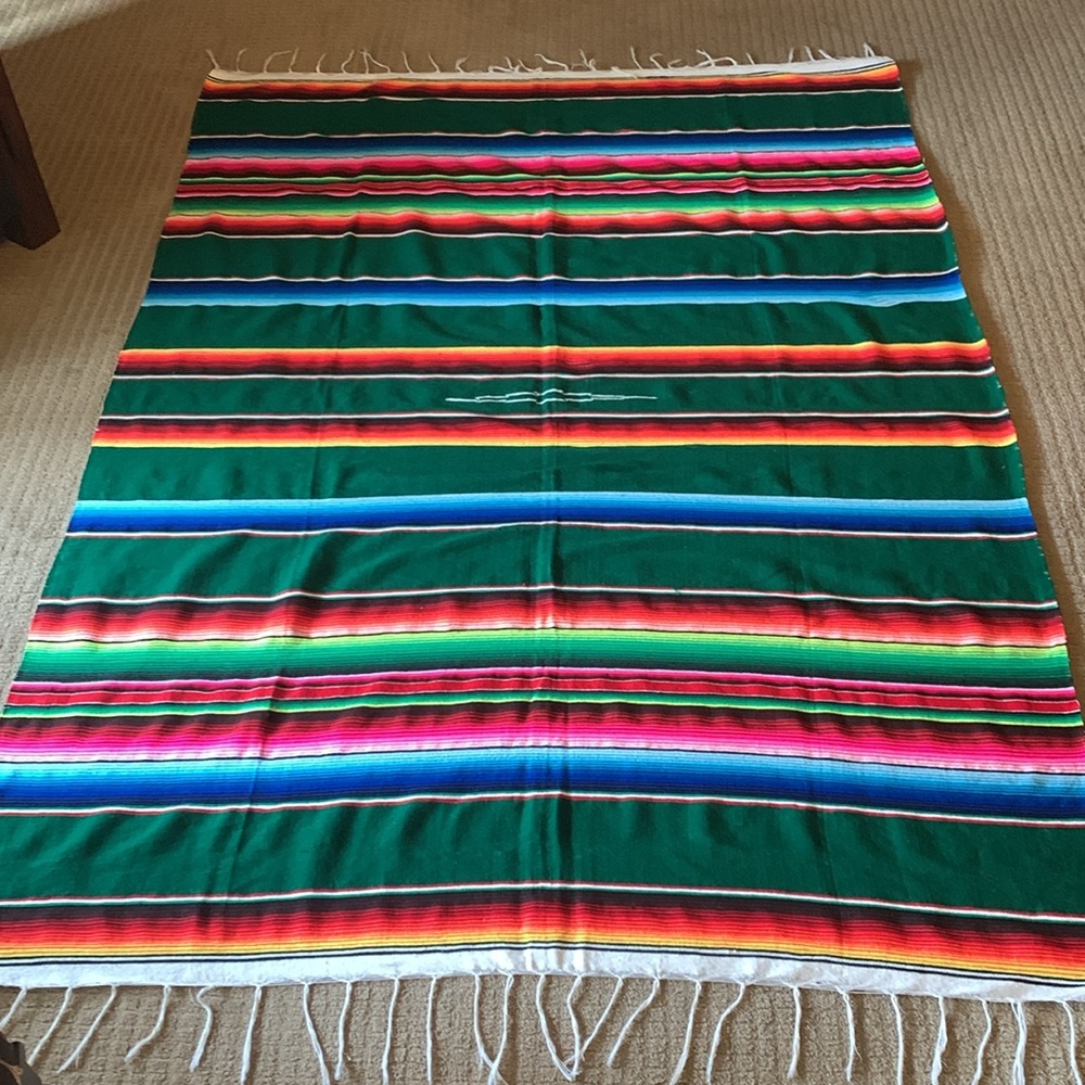 Vintage colorful cotton Mexican serape sarape salti fringed blanket - Picture 11 of 15